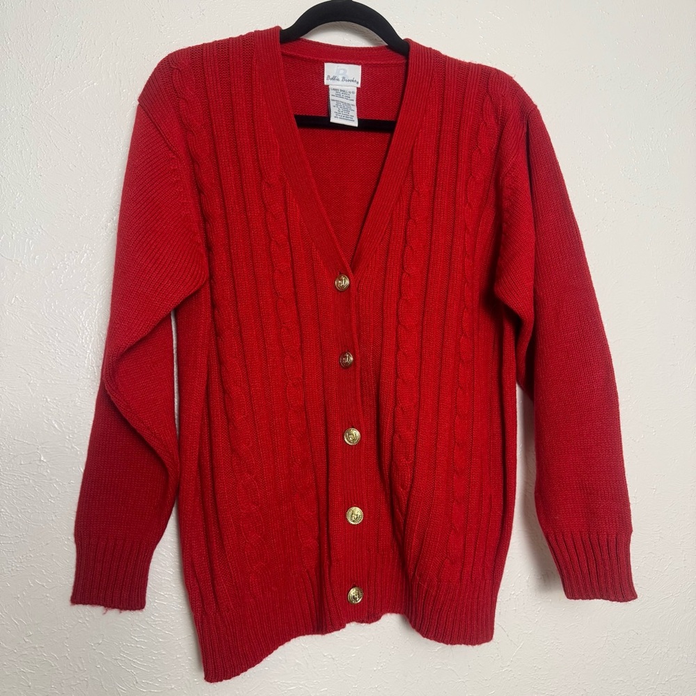 Bobbie Brooks Vivid Red Gold Button Knit Cardigan‎